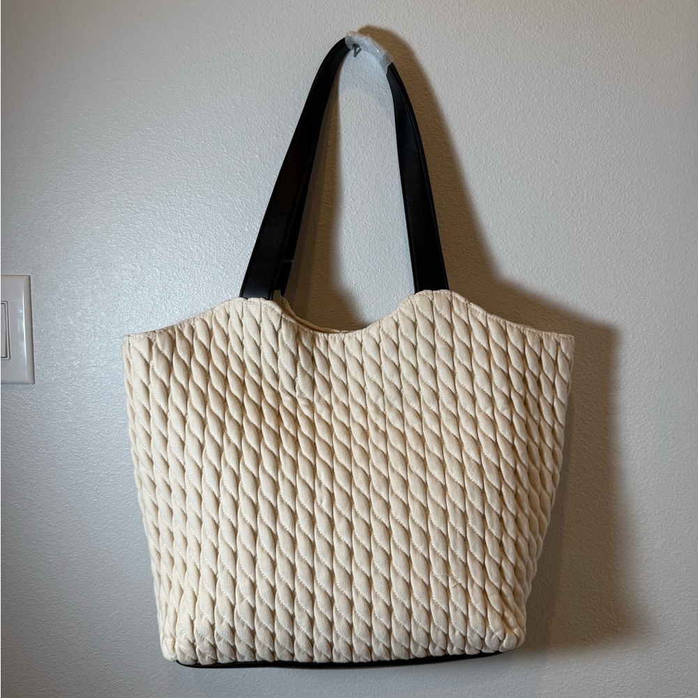 A New Day Cream Quilted Tote with Black Straps